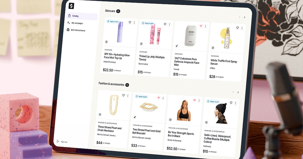Tablet screen displaying skincare and fashion product listings on the Stack Influence dashboard with prices and 'Apply to join' tags in an online catalog interface.