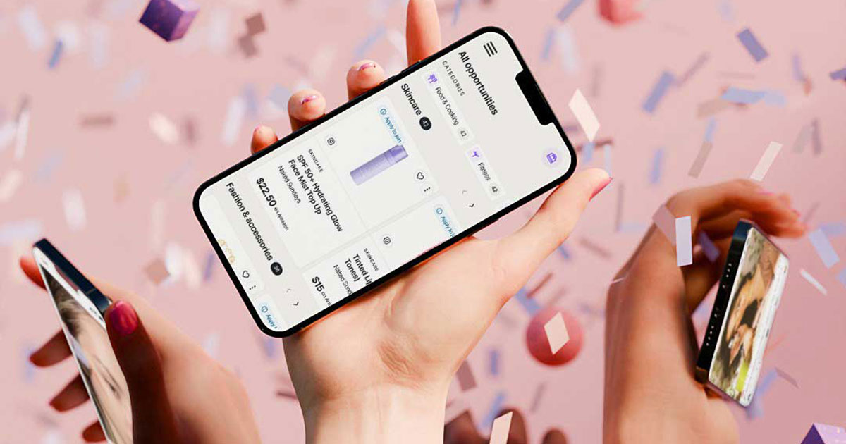 Hand holding a smartphone displaying a skincare product listing with prices under the category All Opportunities.