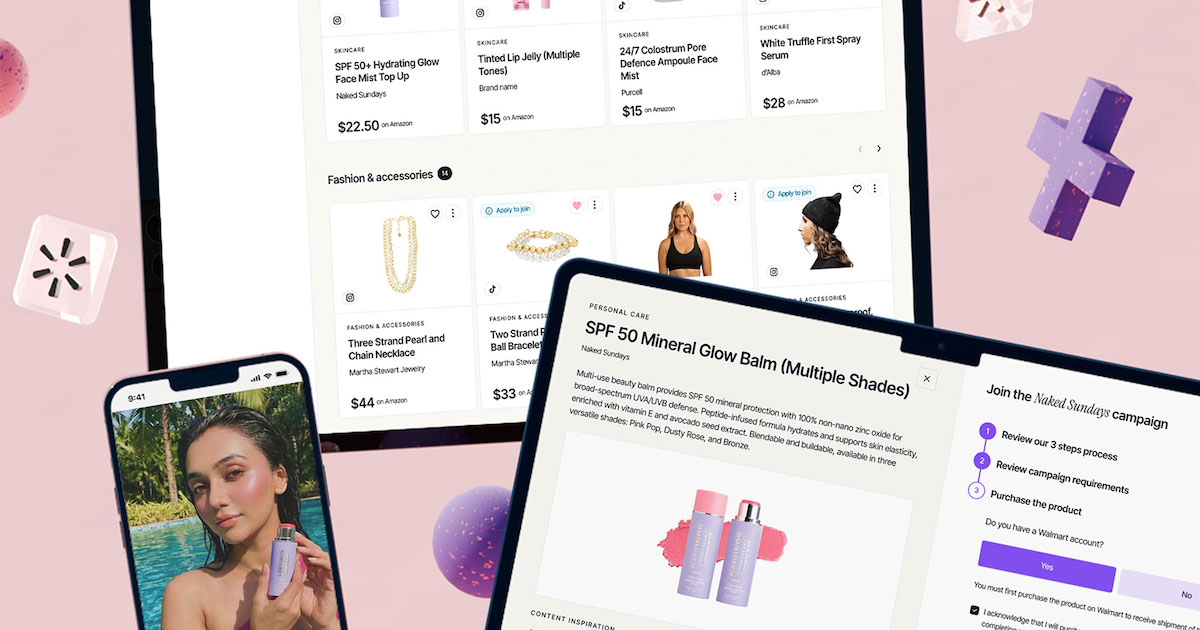Digital devices displaying skincare and fashion product listings and a campaign sign-up page for a beauty product.