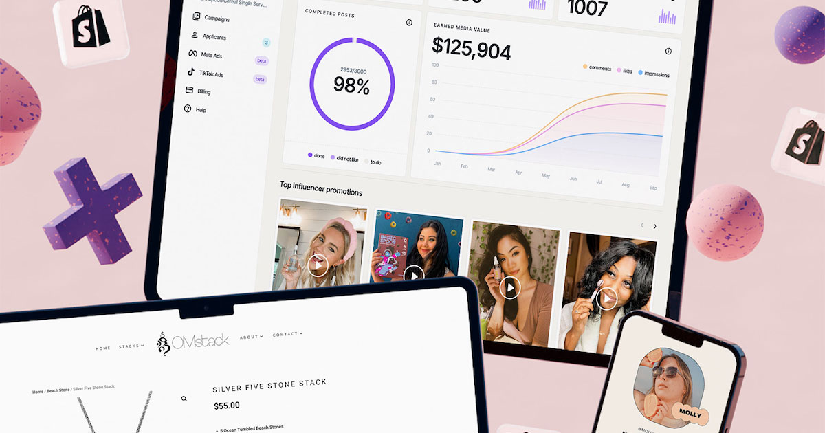 Multiple devices displaying an influencer marketing dashboard with campaign stats, influencer videos, and a product page for a jewelry necklace.