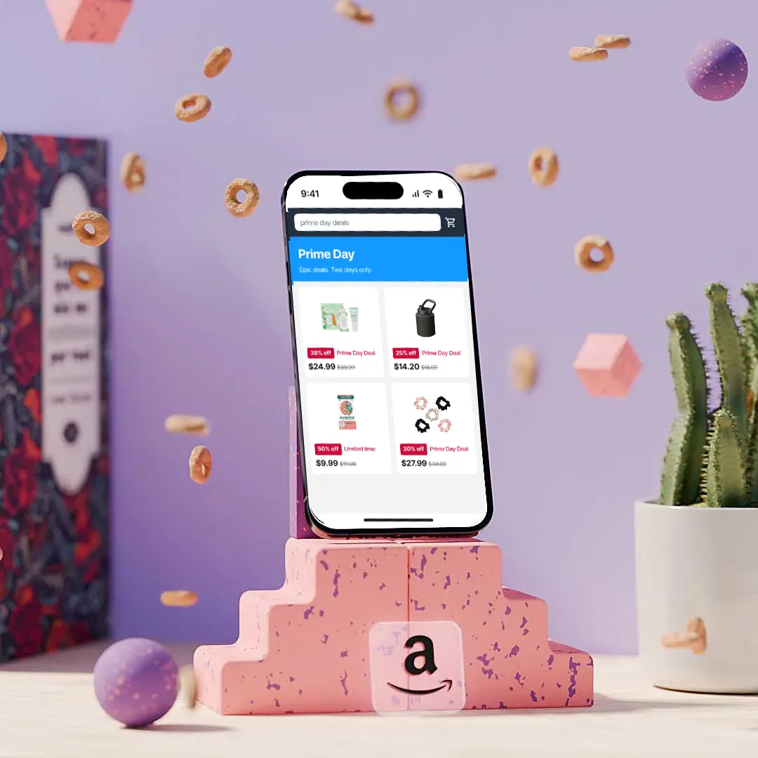 Smartphone showing eCommerce marketplace deals on a pink branded stand with floating cereal pieces.
