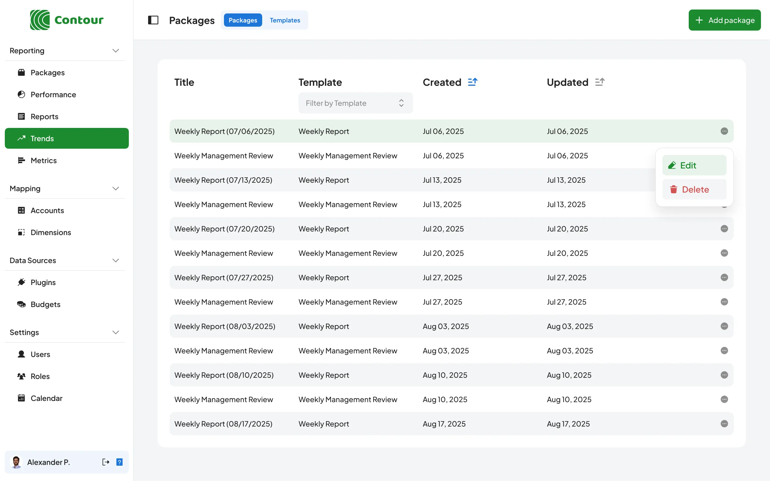 dashboard on trends page, showing weekly reports