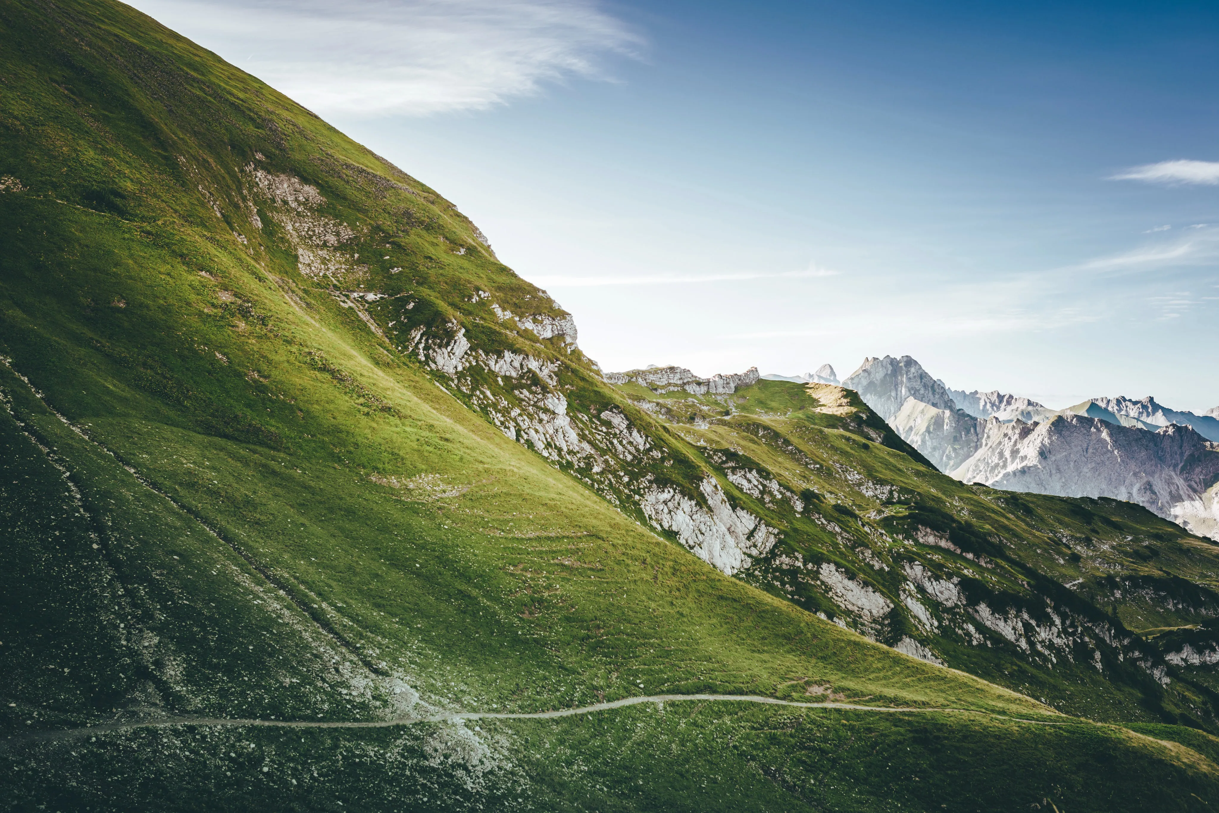 Lush green mountain slopes with rugged peaks under a clear blue sky in the Colorado Rockies