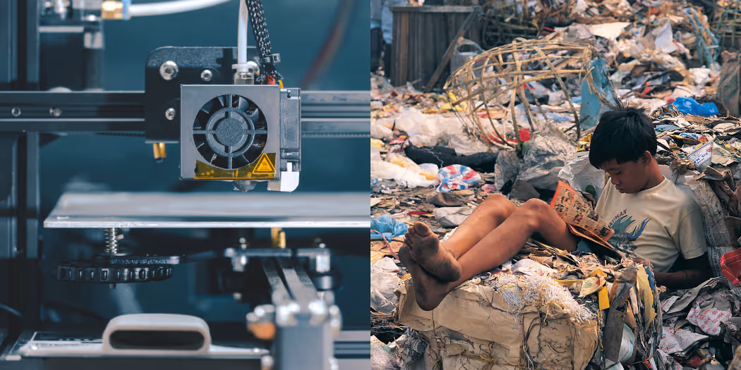 A young woman working in a machine shop. She is looking directly towards the camera, and is surrounded by men.