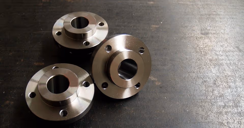 A young woman working in a machine shop. She is looking directly towards the camera, and is surrounded by men.