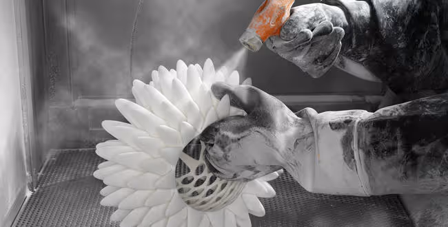 A young woman working in a machine shop. She is looking directly towards the camera, and is surrounded by men.