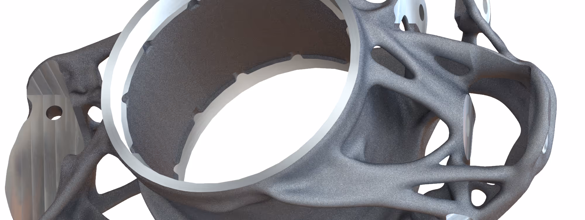 A young woman working in a machine shop. She is looking directly towards the camera, and is surrounded by men.