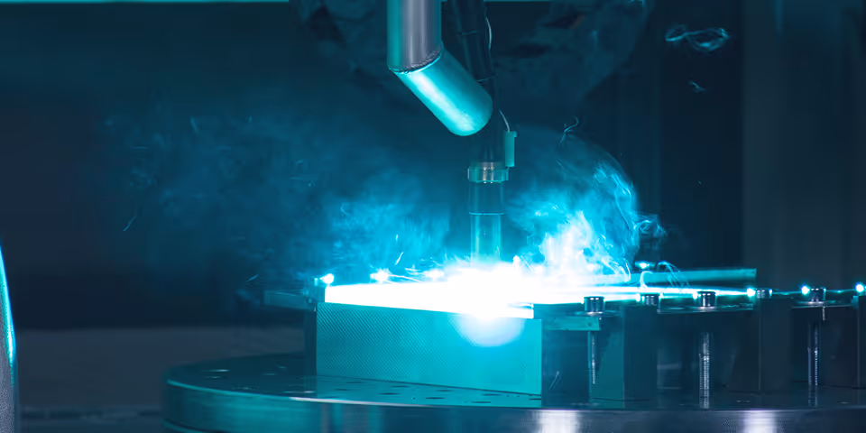 A young woman working in a machine shop. She is looking directly towards the camera, and is surrounded by men.