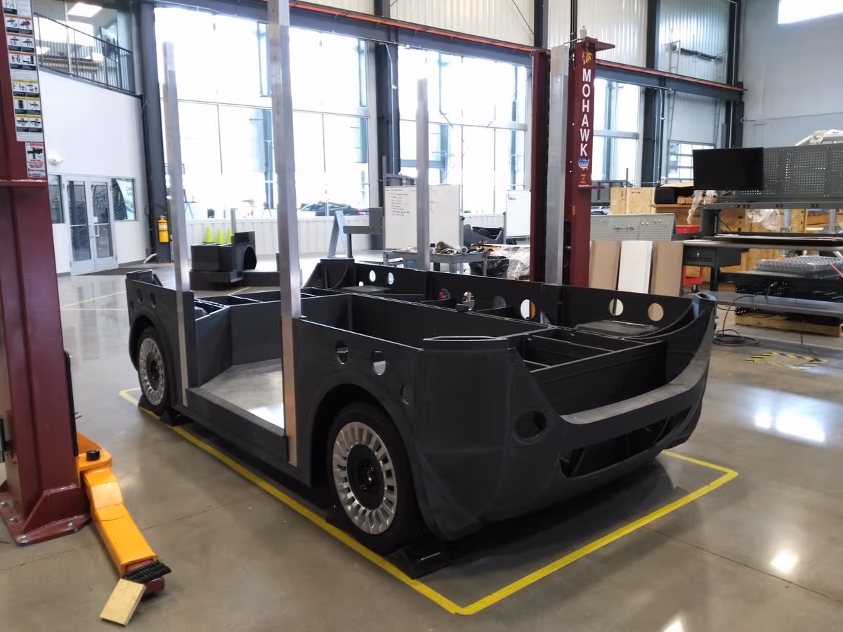 The bottom half of the 3D-printed autonomous vehicle, Olli