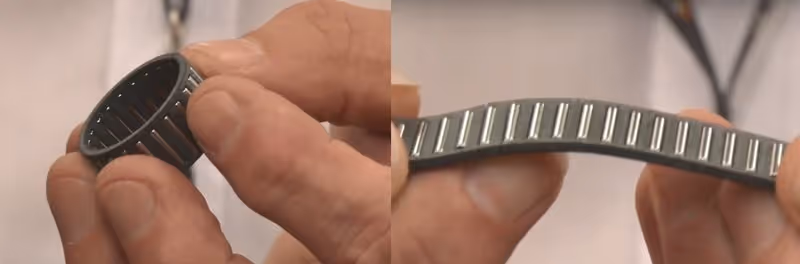 Dieses Bild zeigt einen Nadelrollenlagerkäfig, der aus einem flexiblen Material in 3D gedruckt und flach gefaltet werden kann, um den Montagevorgang zu vereinfachen. [Bildnachweis: Bowman Additive Production]