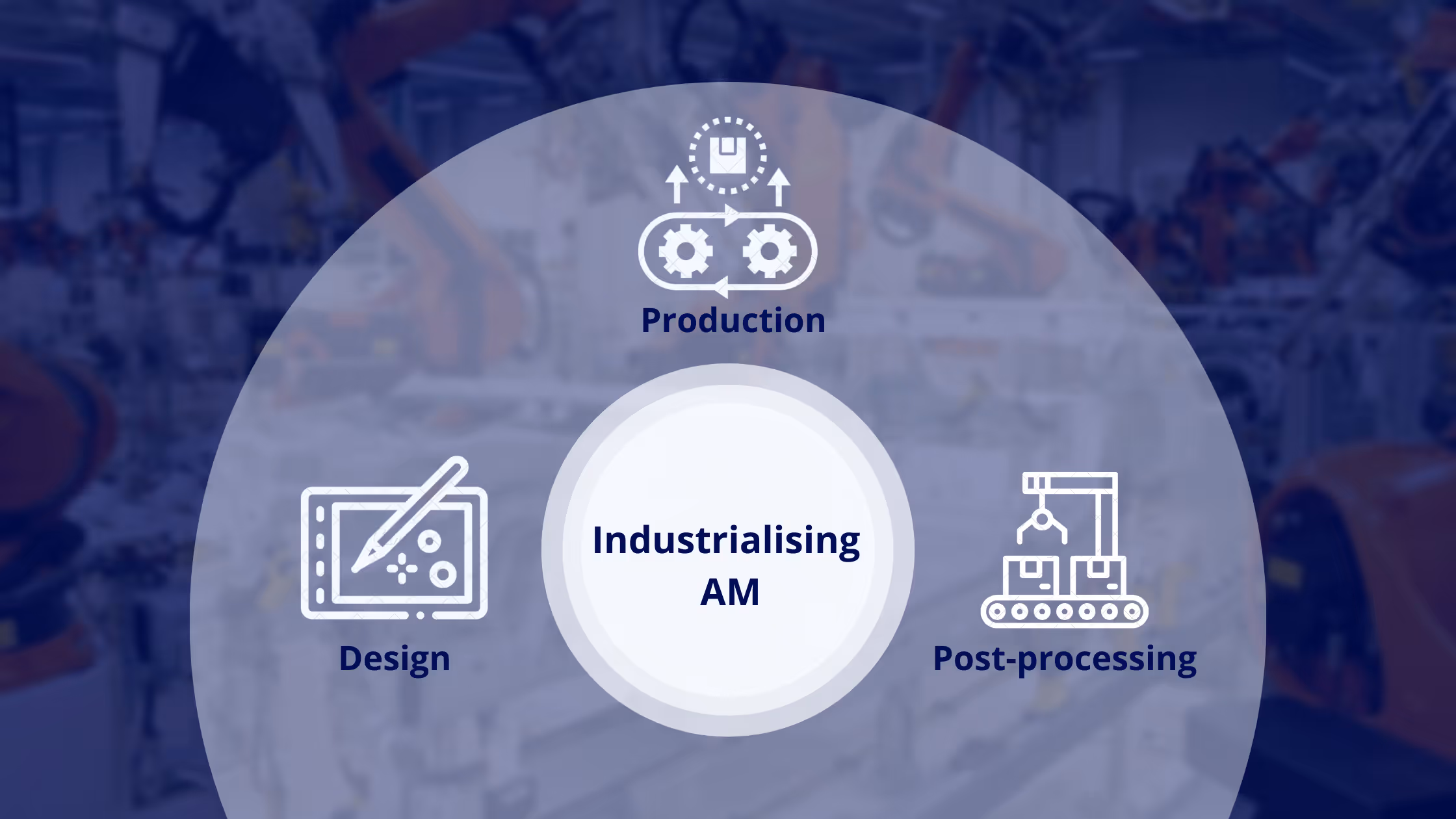 A young woman working in a machine shop. She is looking directly towards the camera, and is surrounded by men.