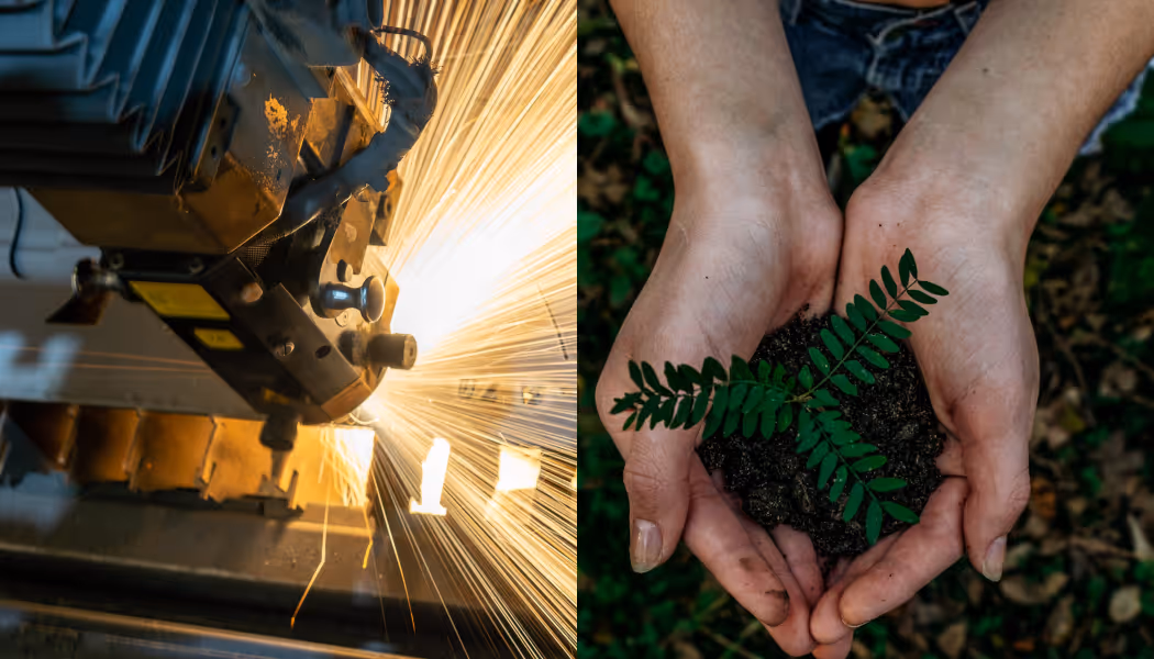 A young woman working in a machine shop. She is looking directly towards the camera, and is surrounded by men.