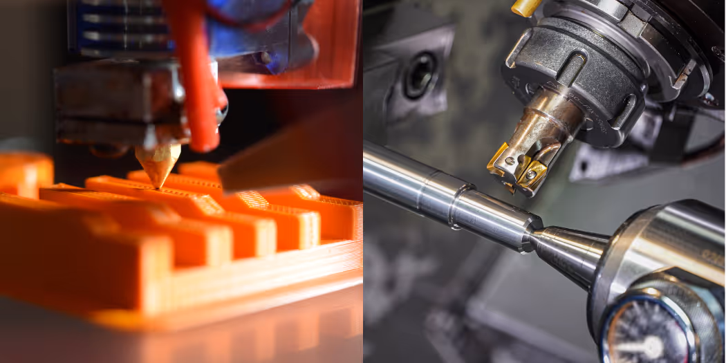 A young woman working in a machine shop. She is looking directly towards the camera, and is surrounded by men.