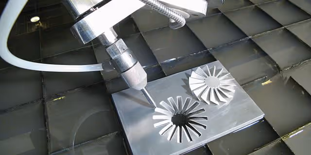 A young woman working in a machine shop. She is looking directly towards the camera, and is surrounded by men.