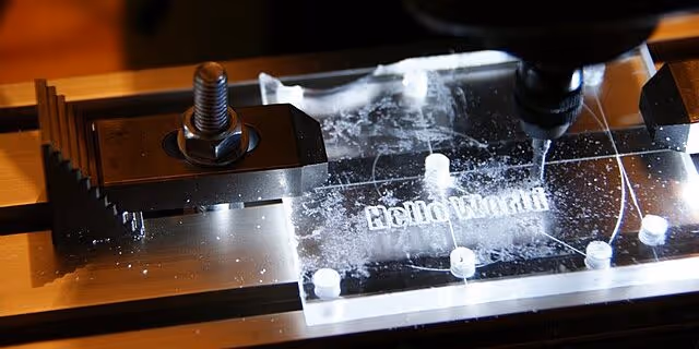 A young woman working in a machine shop. She is looking directly towards the camera, and is surrounded by men.
