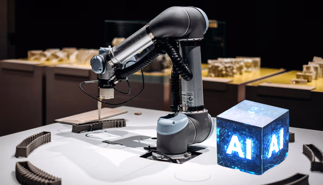 A young woman working in a machine shop. She is looking directly towards the camera, and is surrounded by men.