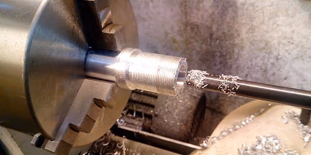 A young woman working in a machine shop. She is looking directly towards the camera, and is surrounded by men.