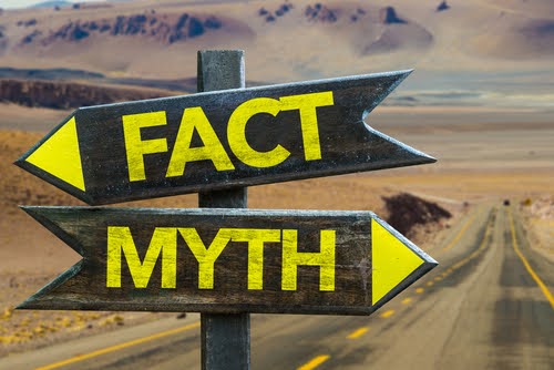 Fact Myth signpost in a desert road on background
