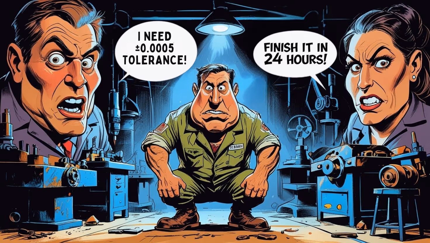 A young woman working in a machine shop. She is looking directly towards the camera, and is surrounded by men.