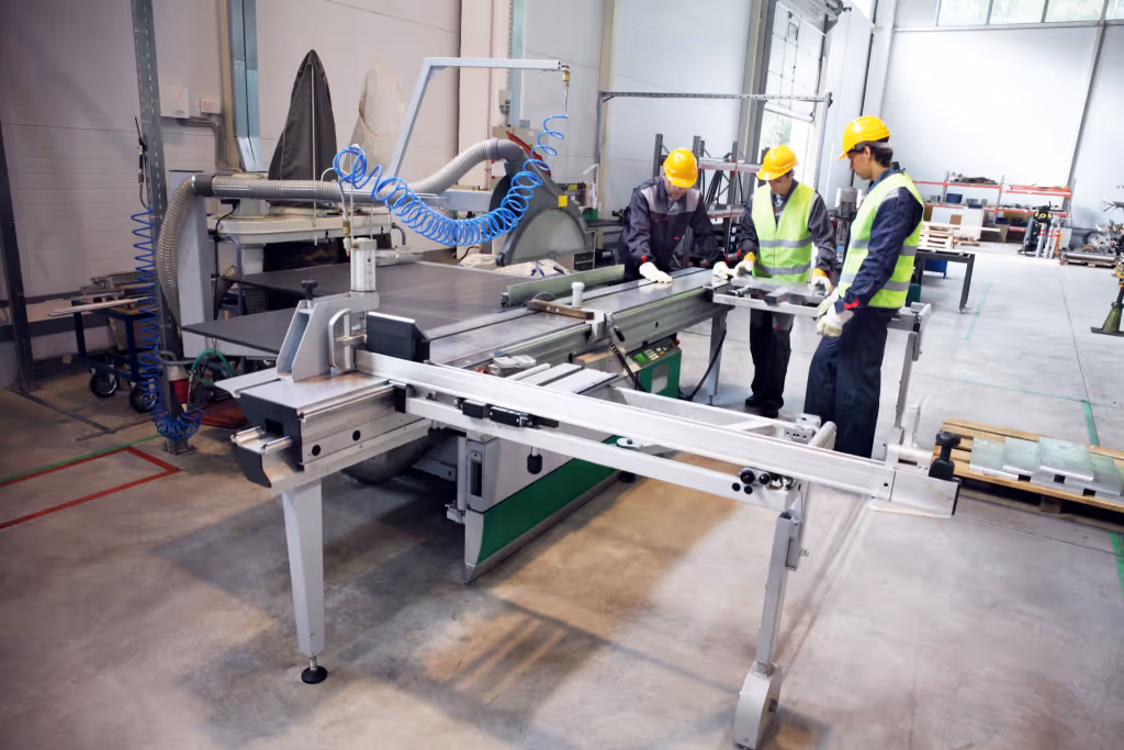 three people in high viz vests, wearing hard hats, and working on a metal cutting machine