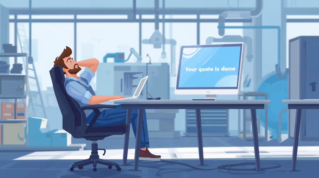 A manufacturer relaxing at a desk. His computer reads "Your quote is done" 