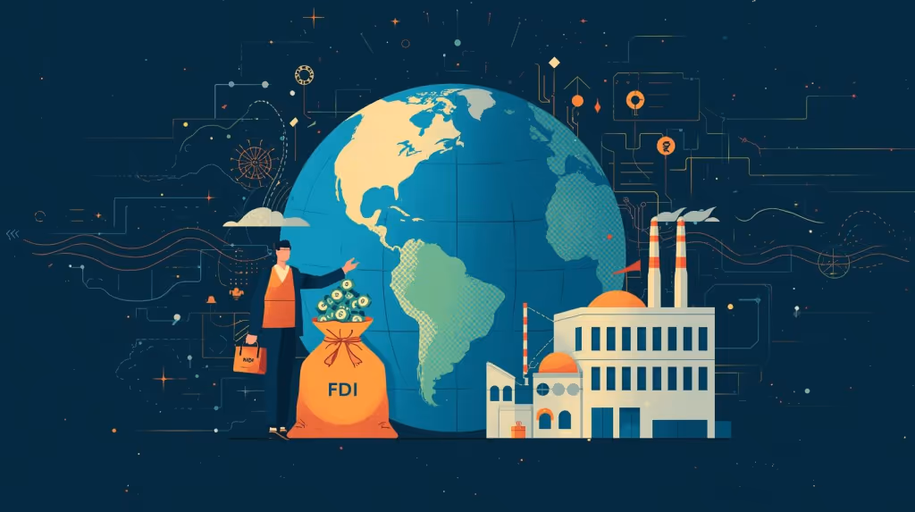 An image of the globe. In front of the globe is a factory (on the right hand side) and a man standing next to a bag of cash marked "FDI" (on the left hand side)