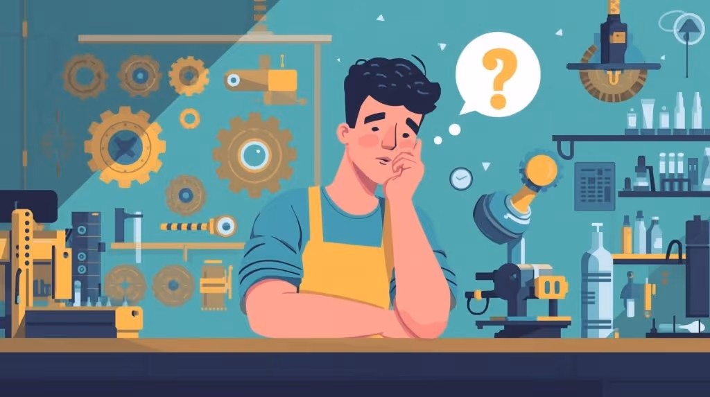 A man in a machine shop, with a question mark bubble coming from his head.