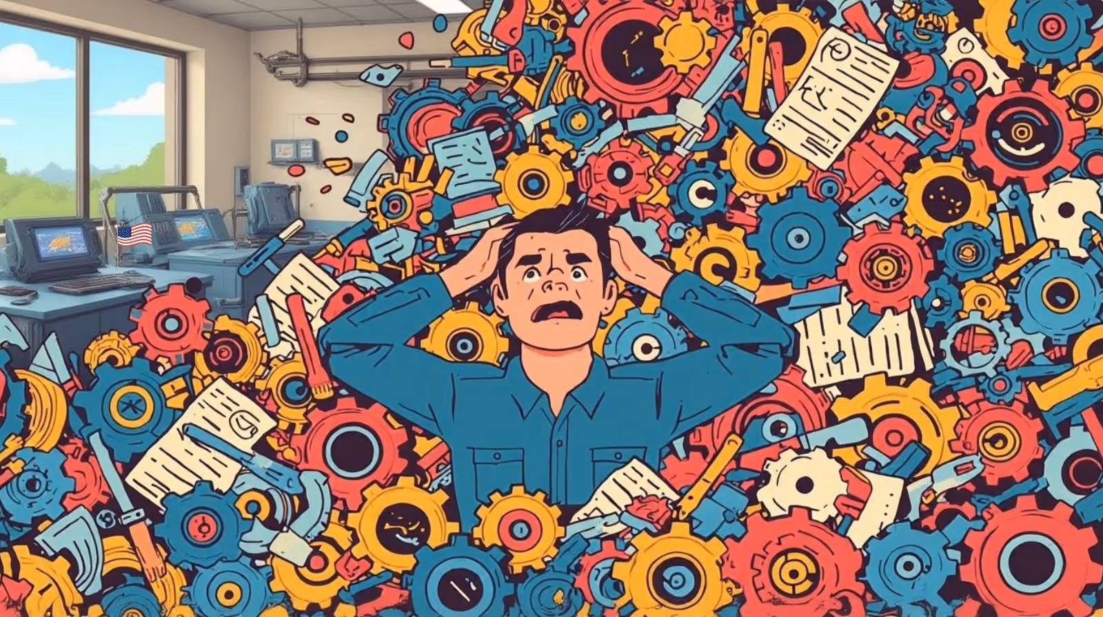 A young woman working in a machine shop. She is looking directly towards the camera, and is surrounded by men.