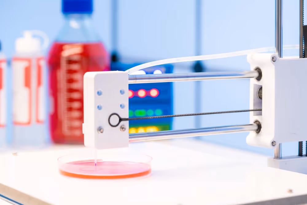 A young woman working in a machine shop. She is looking directly towards the camera, and is surrounded by men.