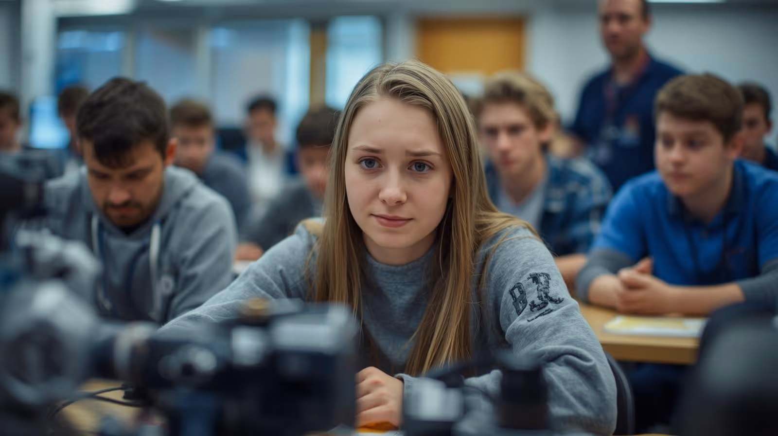 A young girl sitting a classroom full of boys. The teacher in the background is a man. the girl is looking towards the viewer, with a slightly sad expression