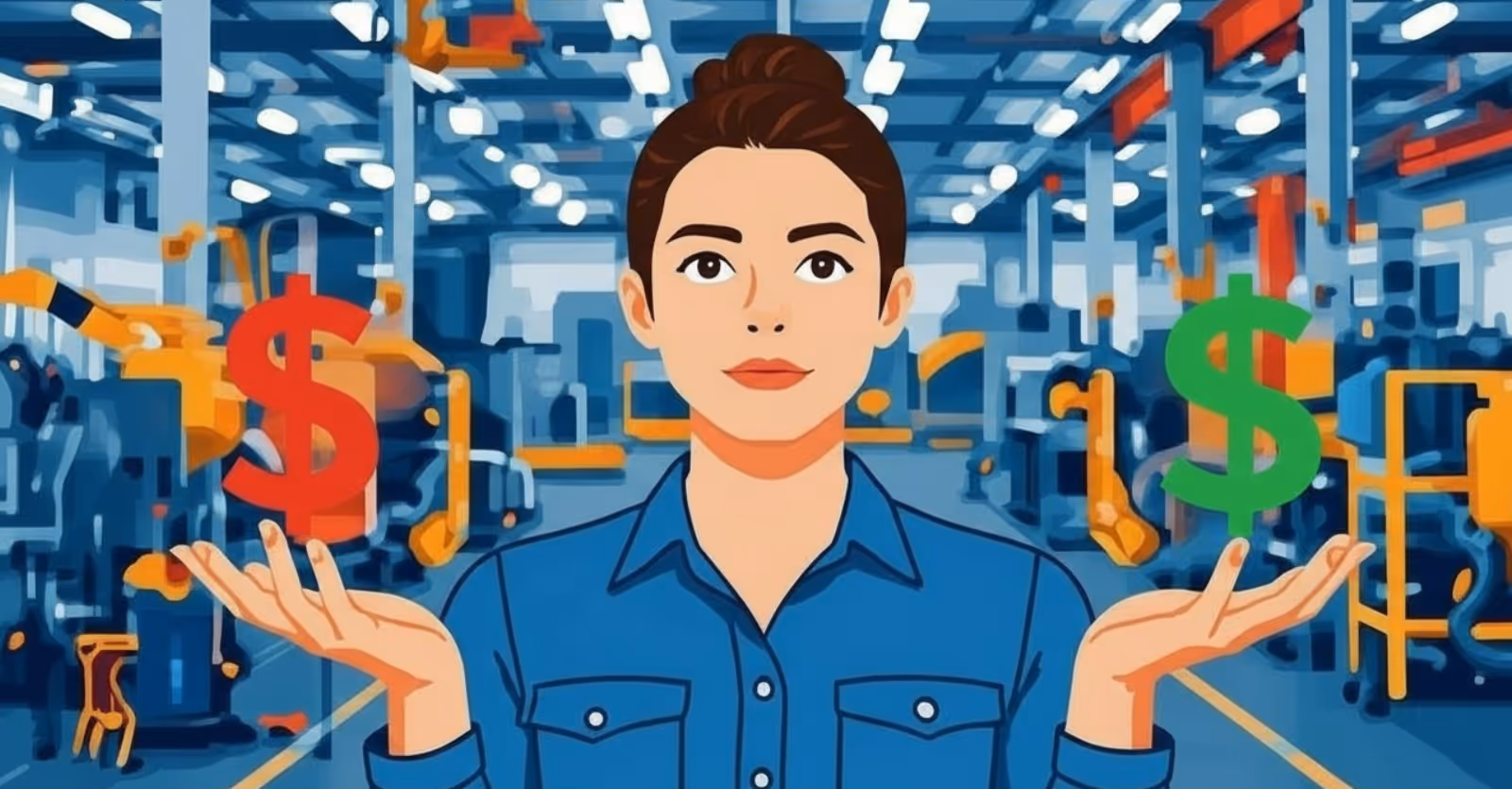 A female machinist with her hands open, palms pointing to the sky. In her left hand is a red dollar sign, in her right hand is a green dollar sign.
