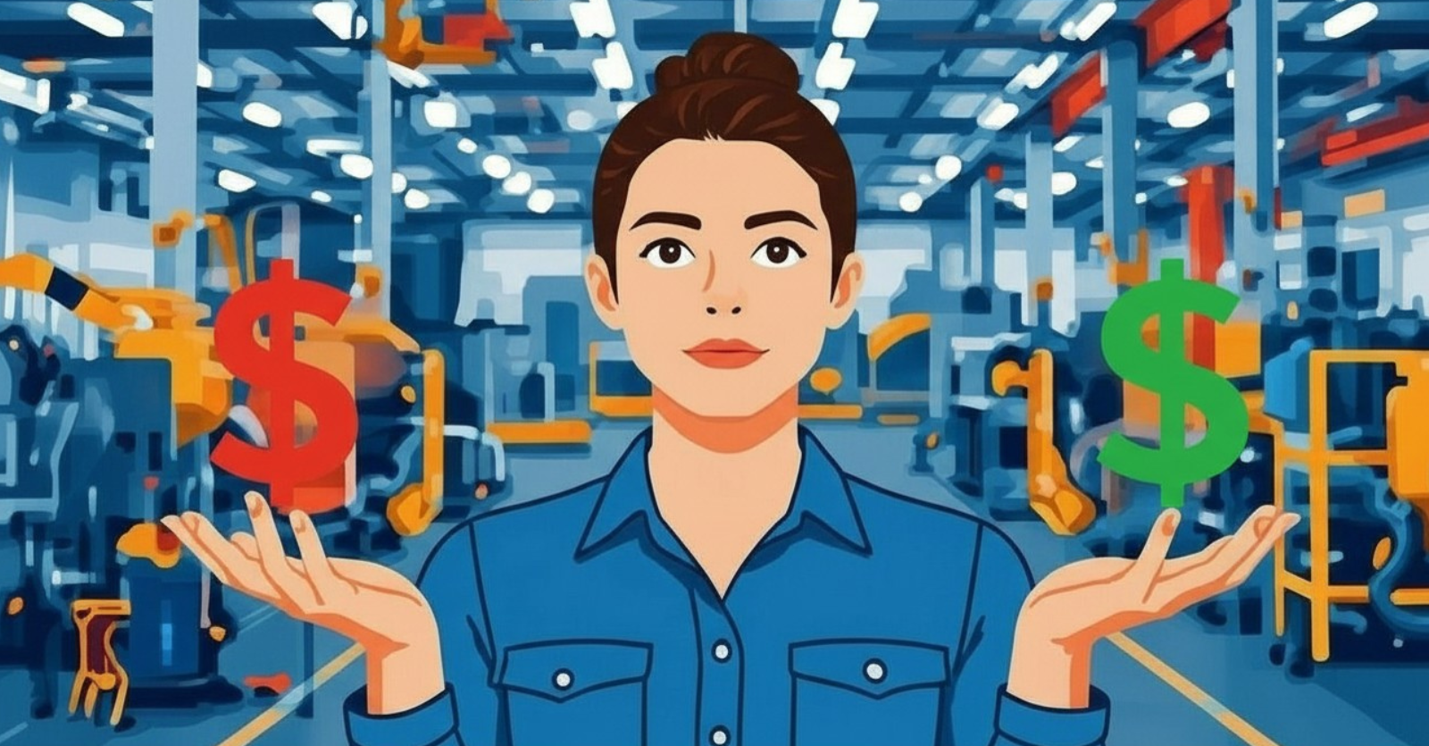 A female machinist with her hands open, palms pointing to the sky. In her left hand is a red dollar sign, in her right hand is a green dollar sign.