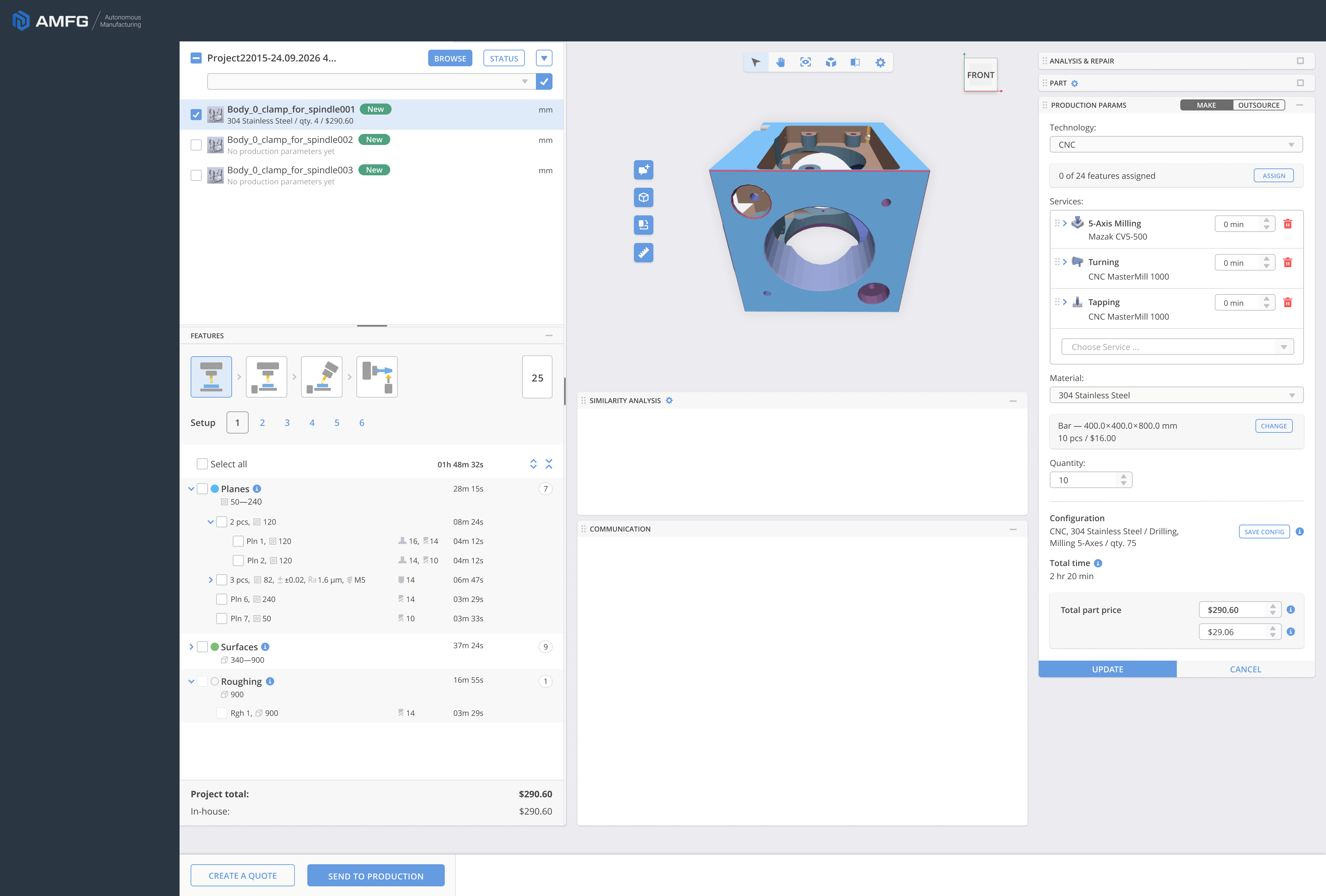 AMFG Estimating & Quoting software for complex part manufacturers showing Machining Strategy for a part