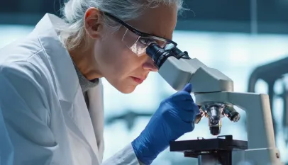 Female scientist wearing lab coat and gloves looking through a microscope in a modern laboratory.