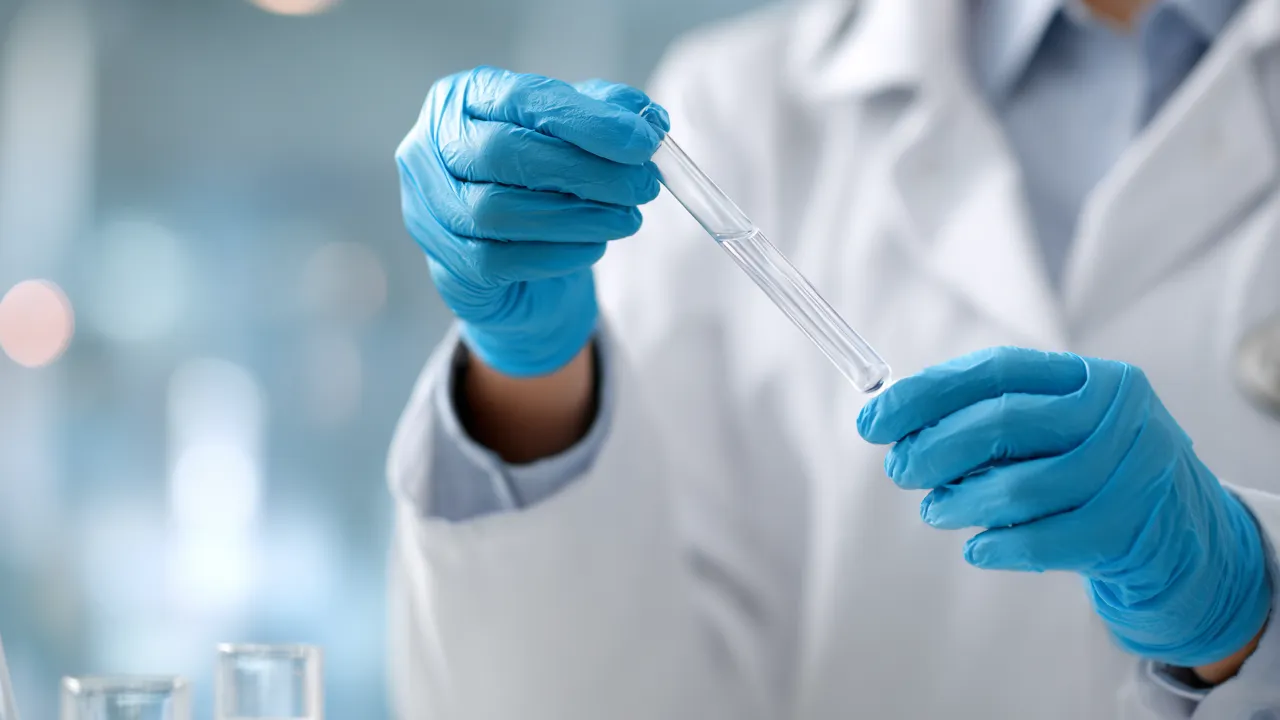 Researcher handling test tube to support biologics development and modality-matched partnerships.