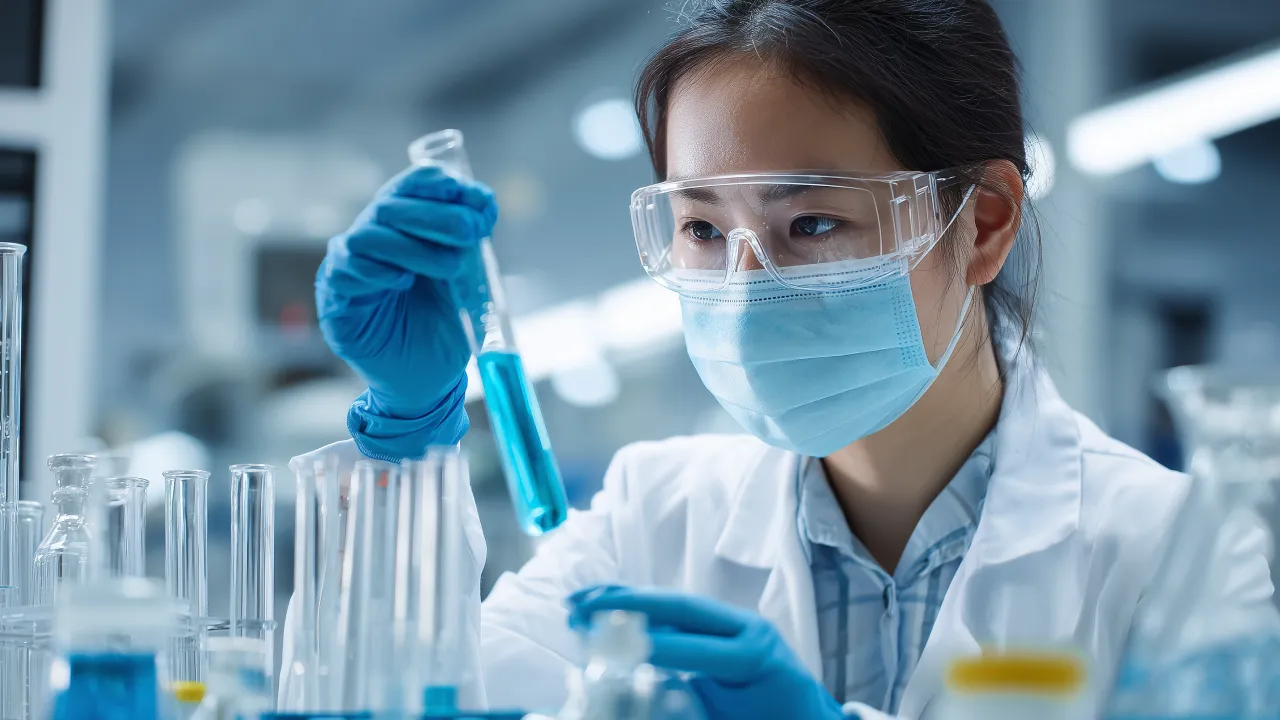 Researcher analyzing test tube as part of GLP toxicology studies designed to support IND and NDA approval.