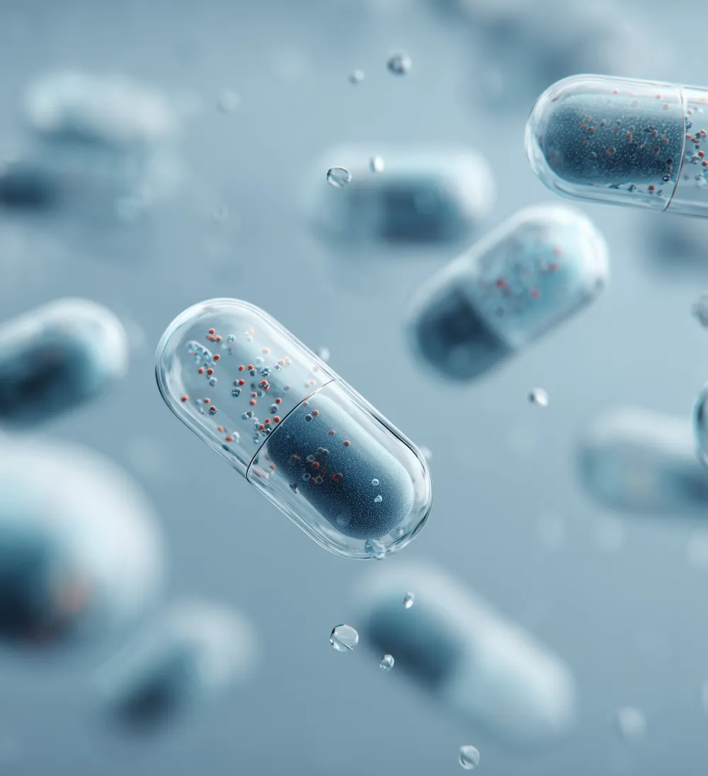 Capsule rendering representing scalable drug product development, formulation design, and GMP manufacturing coordination.