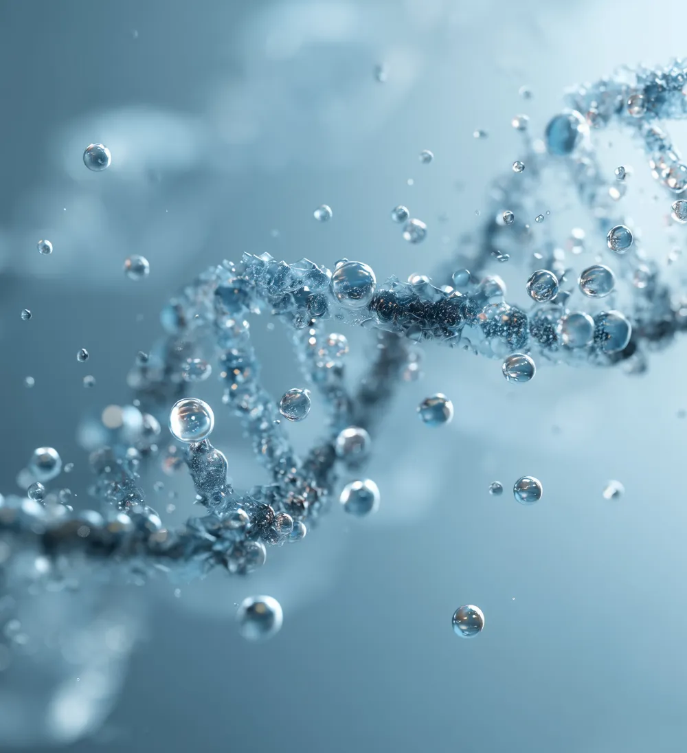 DNA strand with water molecules symbolizing preclinical toxicology studies designed to support IND approval.