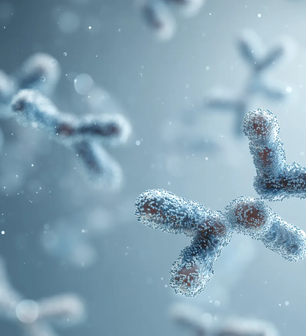 Visualization of antibody structures representing complex biologics development, including cell and gene therapies, monoclonal antibodies, and biosimilars.