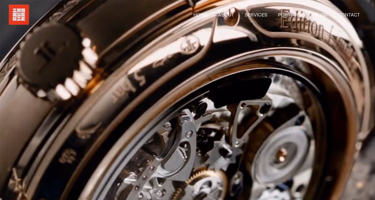 Macro view of a luxury mechanical watch movement showcasing intricate gears and polished components for L'Imagerie Films.
