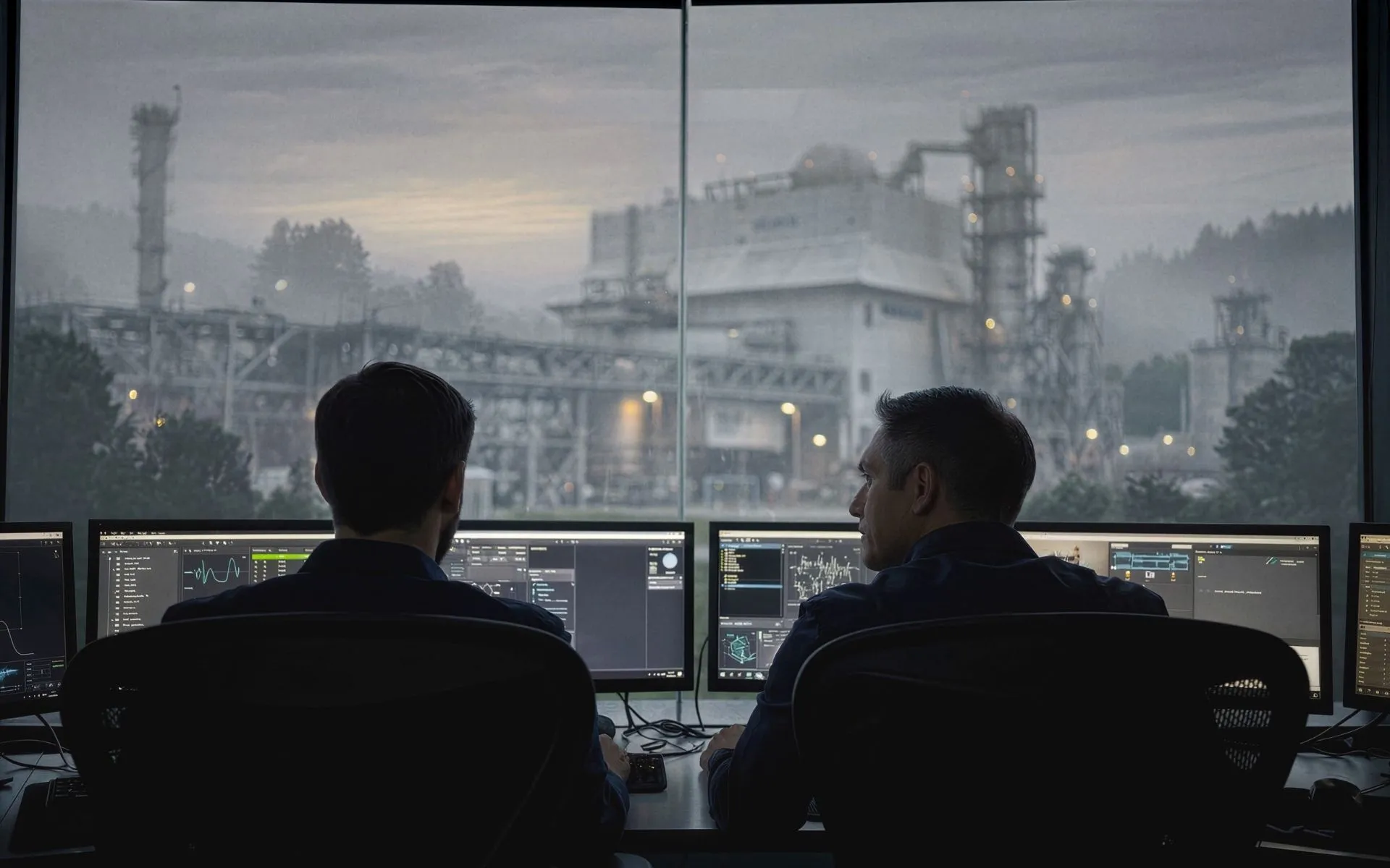 People overlooking an industrial facility through a large window in a film production by L'Imagerie Films.