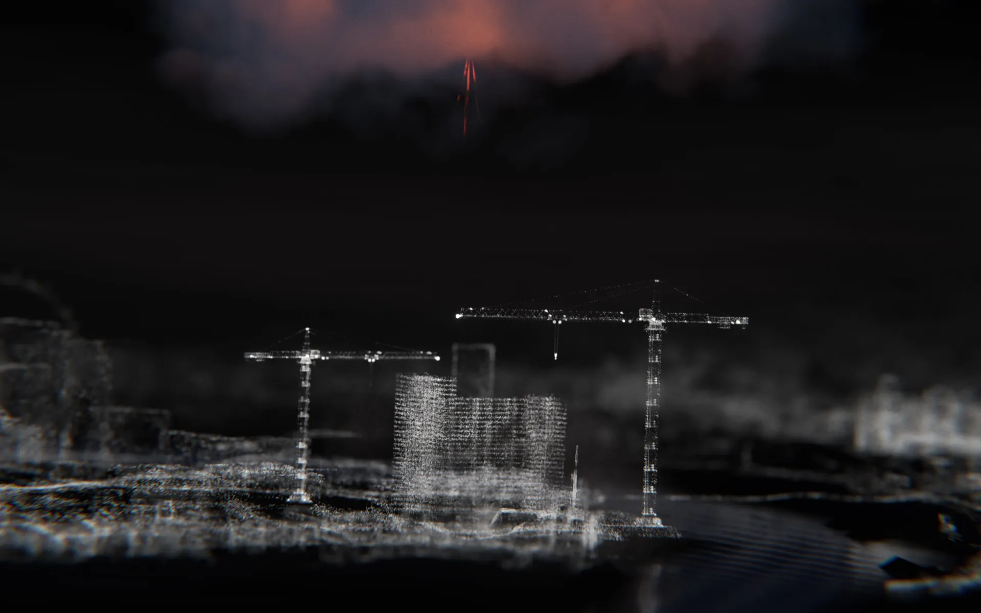 Nighttime industrial facility rendered in a monochrome visual effects sequence for a film production by L'Imagerie Films.