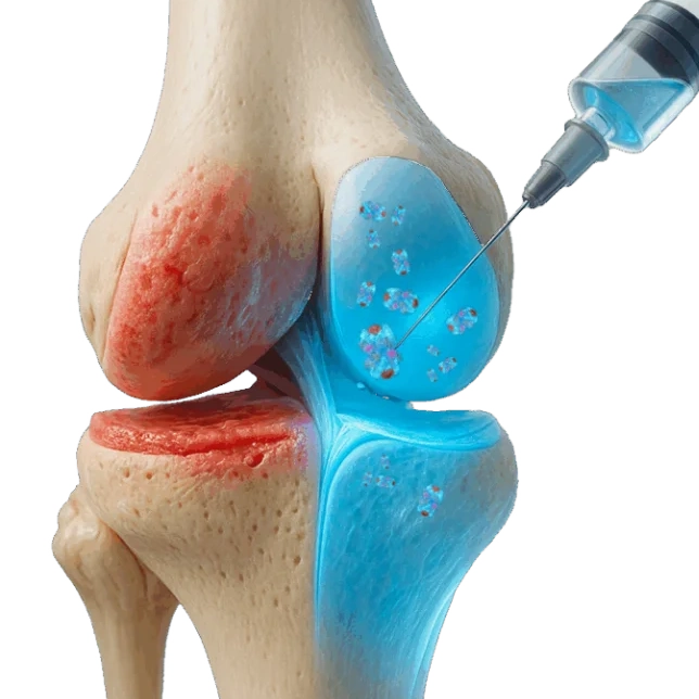 Anatomical illustration of a knee joint receiving an injection, showing inflammation and cartilage damage.