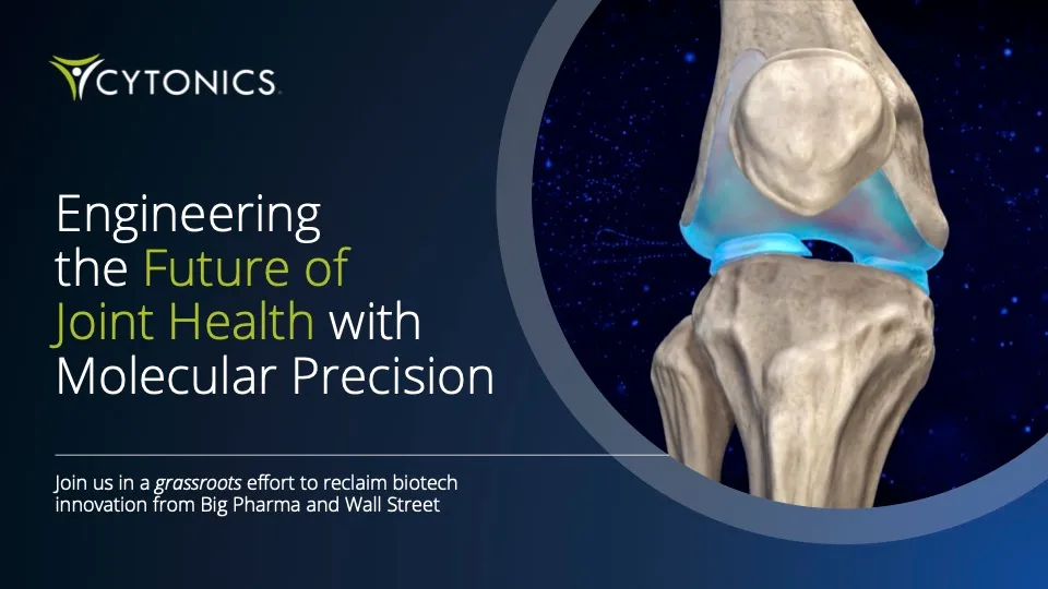 Cytonics cover slide: Engineering the Future of Joint Health with Molecular Precision, featuring 3D knee model