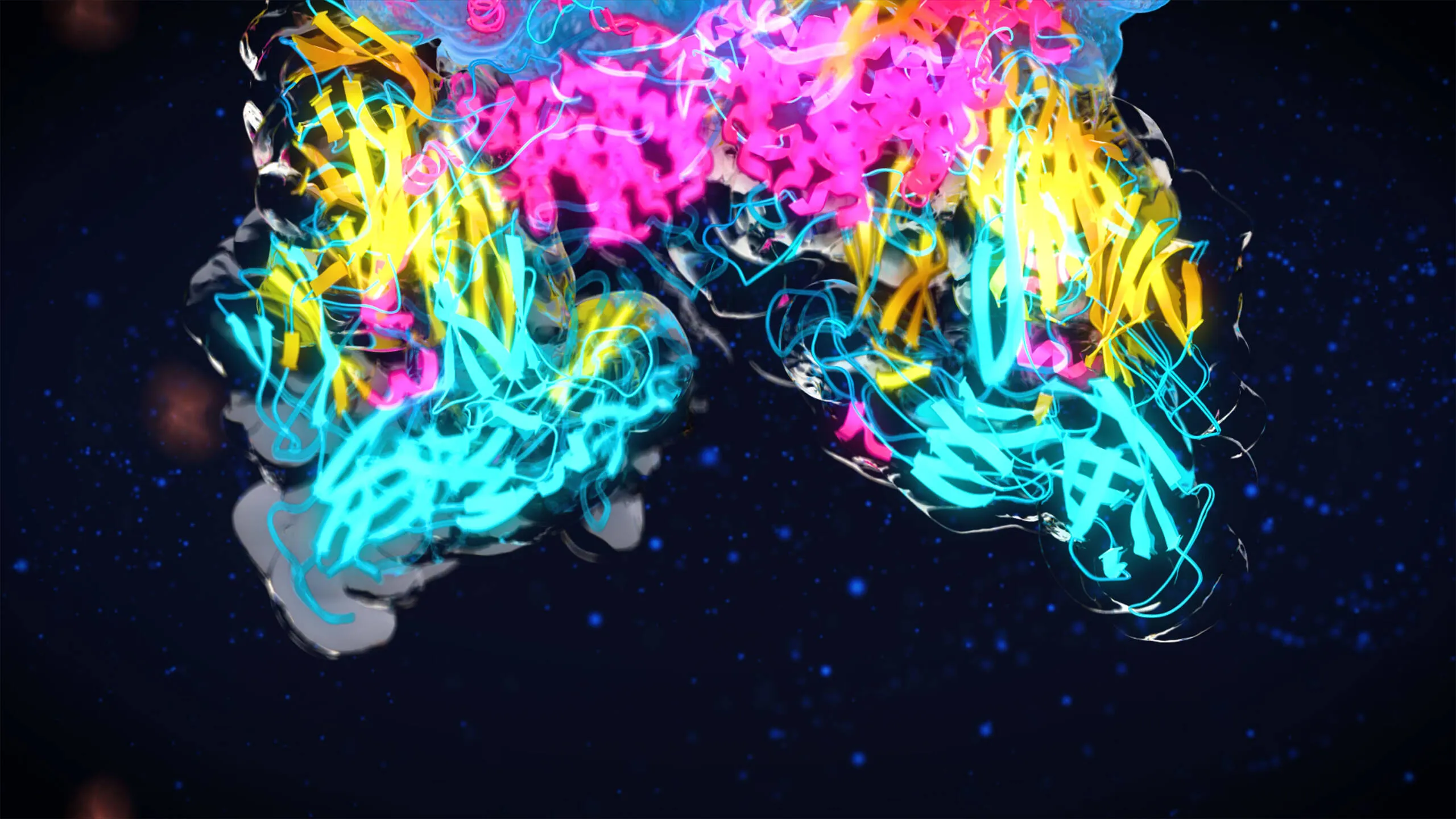 3D ribbon-diagram of the A2M protein in neon cyan, magenta, and yellow, showing its complex folding pattern