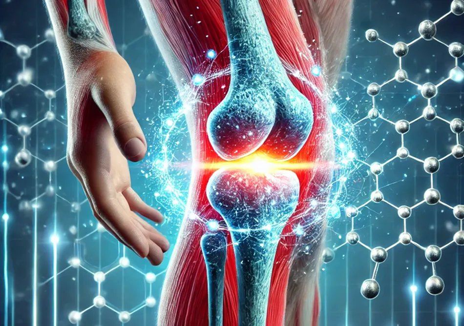 Digital illustration of inflamed knee joint showing muscles, bones, and molecular structures with a glowing pain point