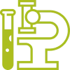 Green icon of a microscope and test tube representing Cytonics scientific research