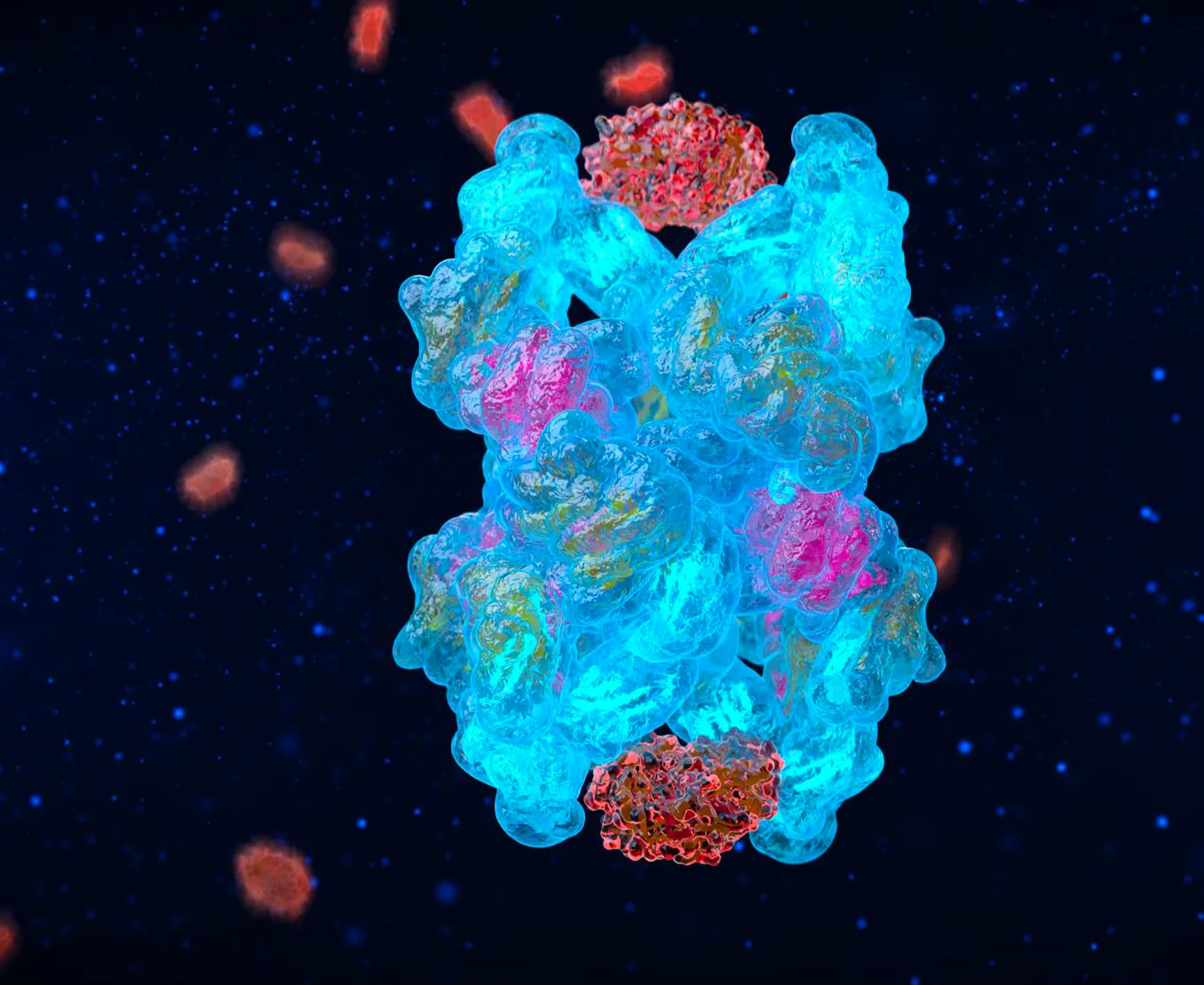 A2M protein molecule in cyan capturing red inflammatory particles, visualizing Cytonics' molecular approach to OA treatment