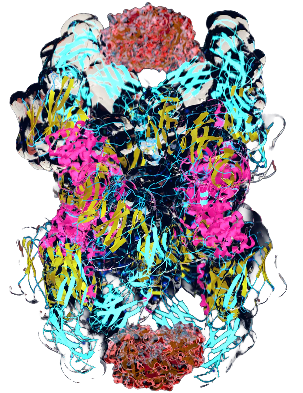 Detailed ribbon-diagram of the CYT-108 protein structure in cyan, magenta, and yellow, with trapped red inflammatory molecules