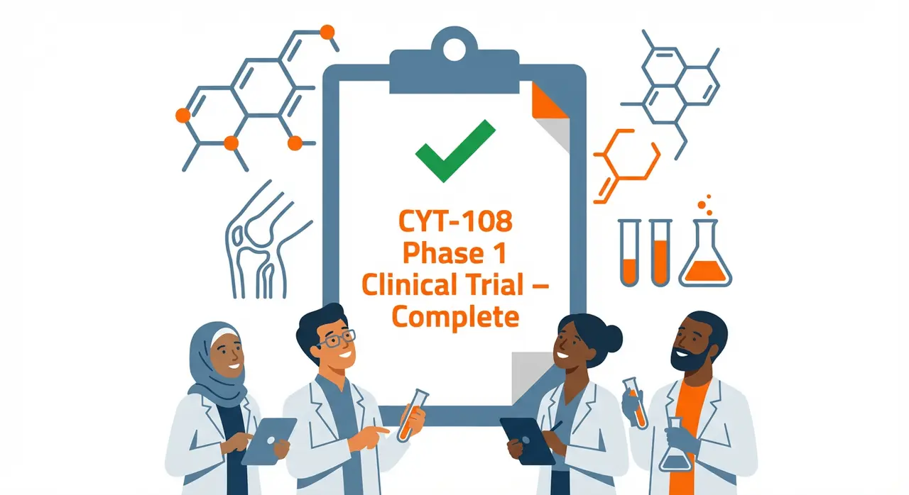 Clinical trial Phase 1 complete, scientists celebrating with lab equipment and data